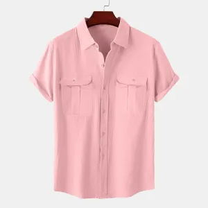 Mens Linen Shirts Short Sleeve Button Down Shirt Hawaiian Untuckit Dress Shirt Casual Summer Beach Tops with Pockets
