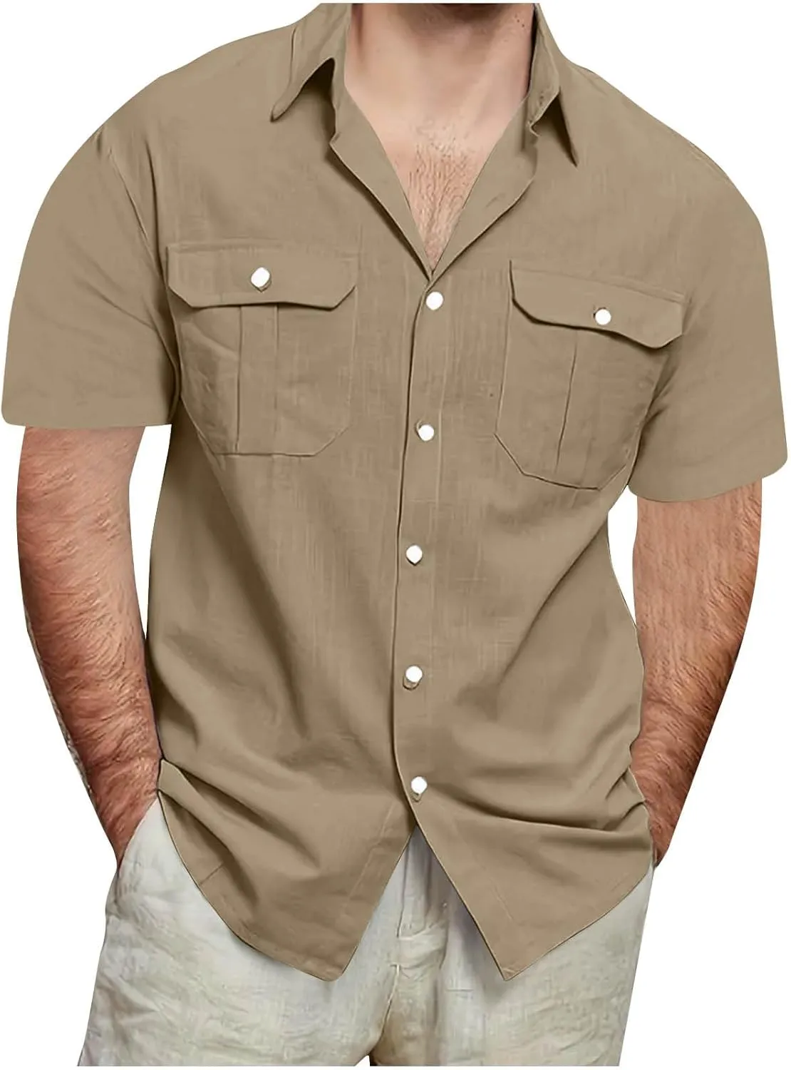 Mens Linen Shirts Short Sleeve Button Down Shirt Hawaiian Untuckit Dress Shirt Casual Summer Beach Tops with Pockets