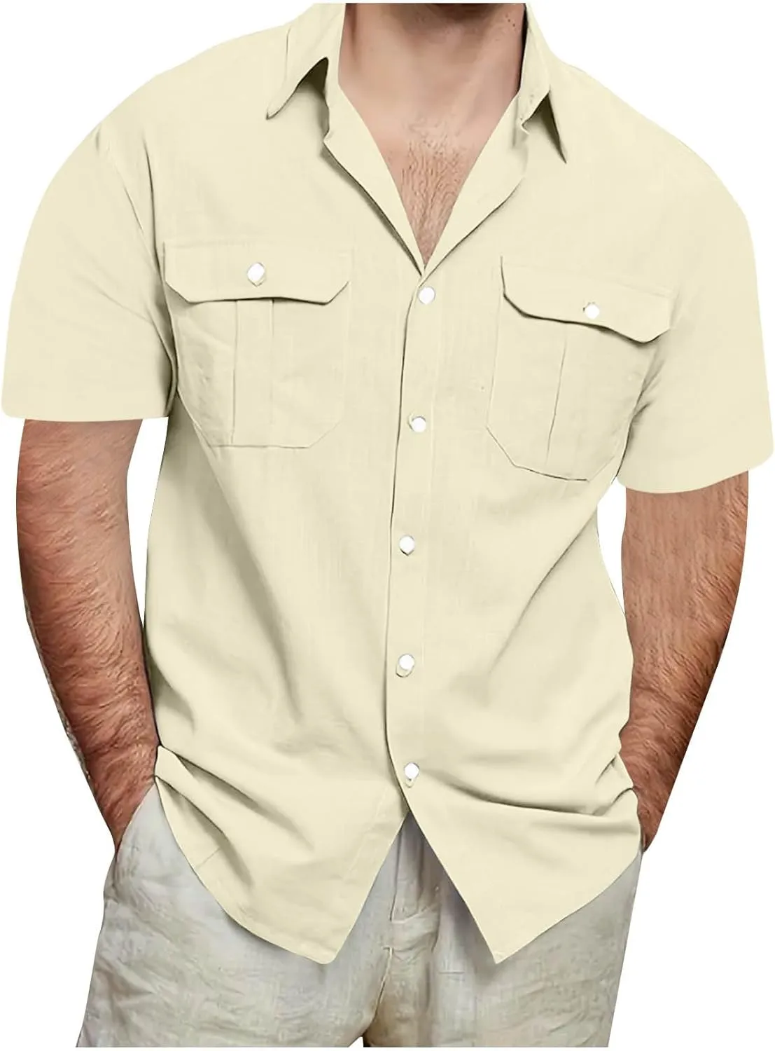 Mens Linen Shirts Short Sleeve Button Down Shirt Hawaiian Untuckit Dress Shirt Casual Summer Beach Tops with Pockets