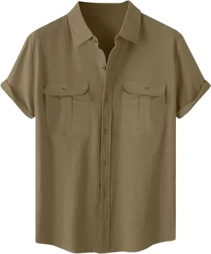 Mens Linen Shirts Short Sleeve Button Down Shirt Hawaiian Untuckit Dress Shirt Casual Summer Beach Tops with Pockets