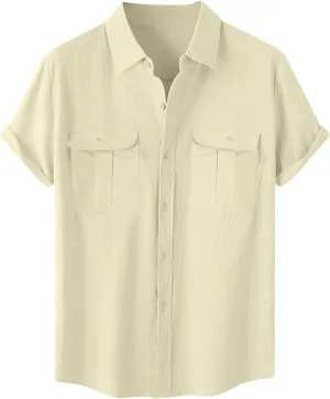 Mens Linen Shirts Short Sleeve Button Down Shirt Hawaiian Untuckit Dress Shirt Casual Summer Beach Tops with Pockets