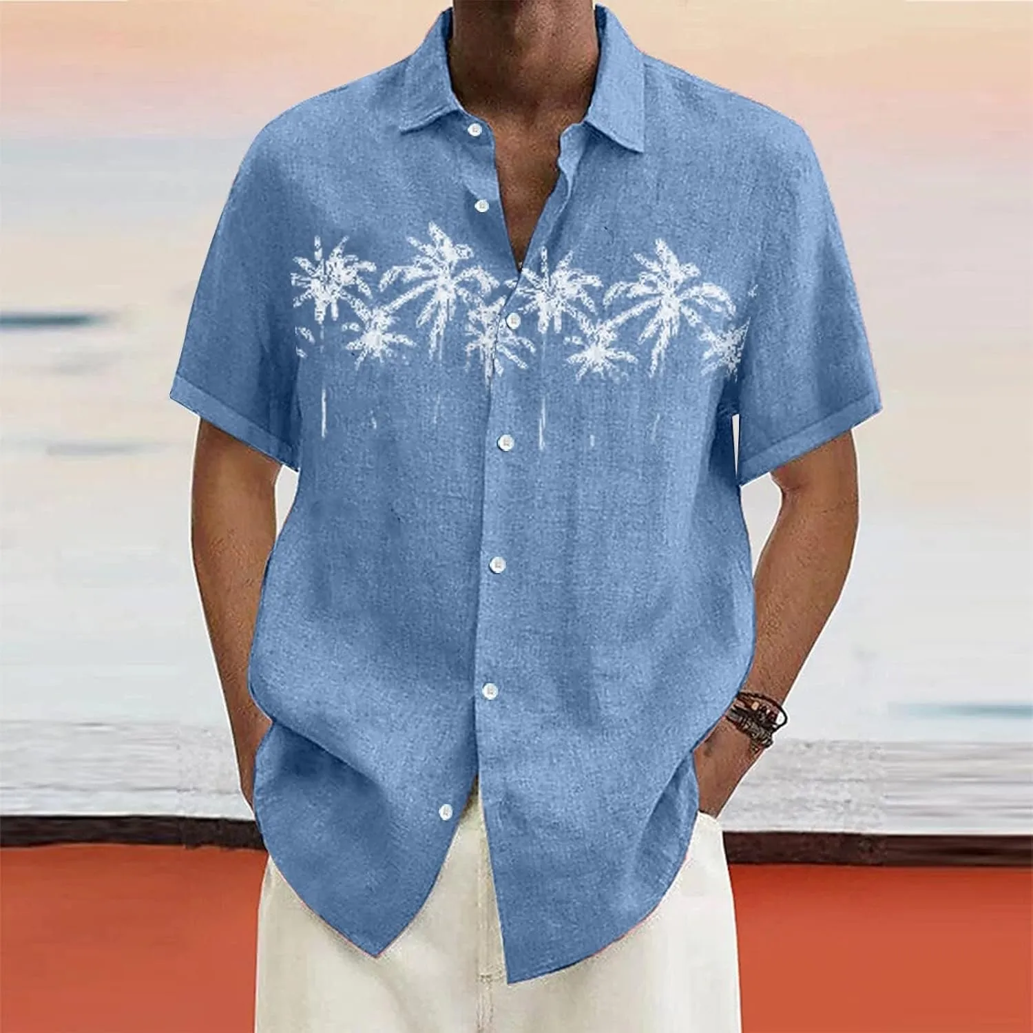 Men's Linen Shirts Short Sleeve Hawaiian Summer Button down T Shirts Vacation Beach Tops Casual Plus Size Tops