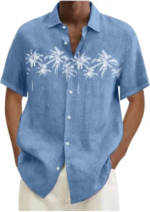 Men's Linen Shirts Short Sleeve Hawaiian Summer Button down T Shirts Vacation Beach Tops Casual Plus Size Tops