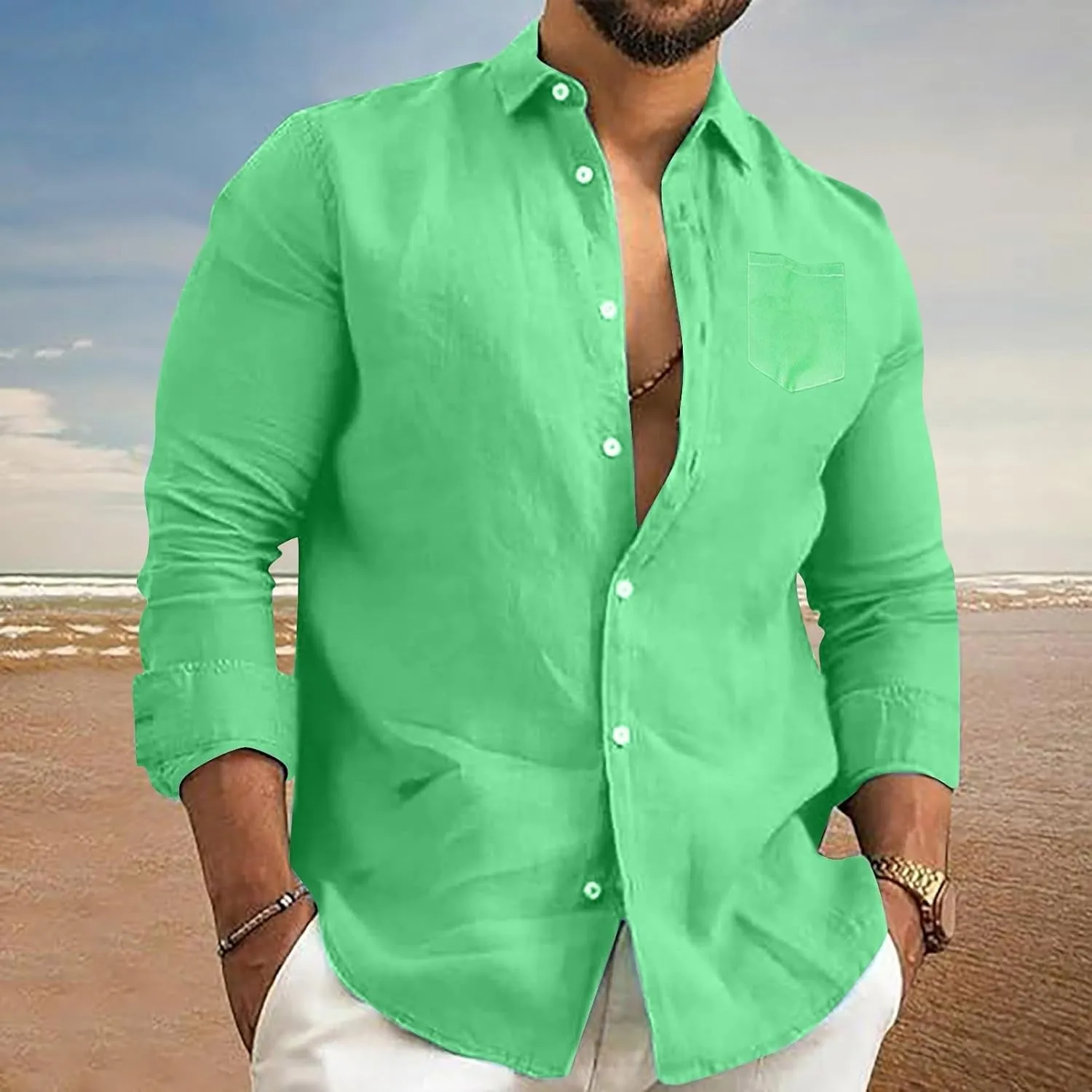 Men's Linen Shirts Slim Fit Long Sleeve Beach Hawaiian Shirts Business Casual Collared Button Down Work Shirts