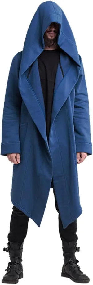 Mens Long Hooded Cardigan Trench Coat Ruffle Shawl Collar Open Front Lightweight Drape Cape Overcoat with Pockets
