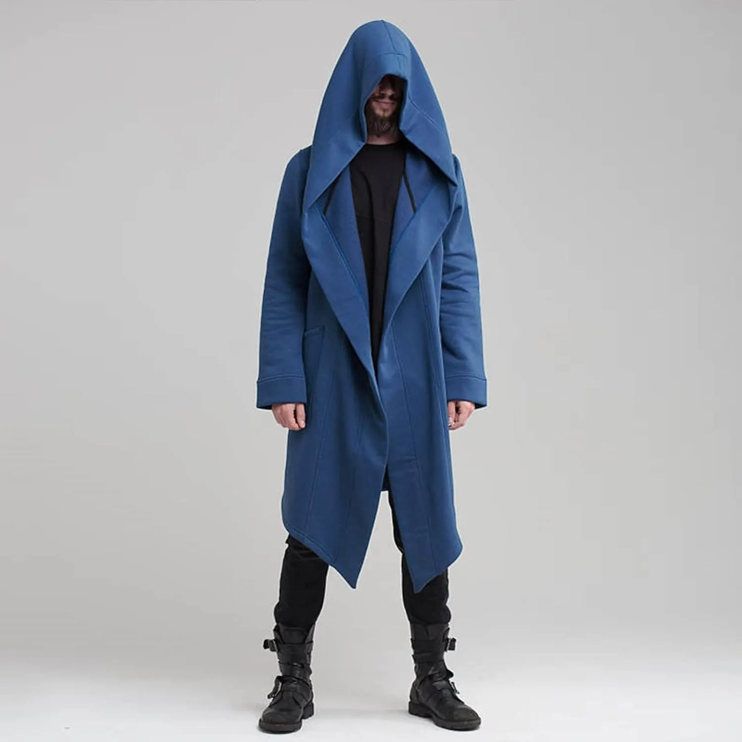 Mens Long Hooded Cardigan Trench Coat Ruffle Shawl Collar Open Front Lightweight Drape Cape Overcoat with Pockets