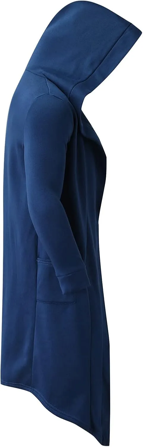 Mens Long Hooded Cardigan Trench Coat Ruffle Shawl Collar Open Front Lightweight Drape Cape Overcoat with Pockets