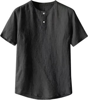 Mens Loose Cotton Linen T-Shirts Casual Solid Button Round Neck Henley Tops Summer Lightweight Short Sleeve Tees
