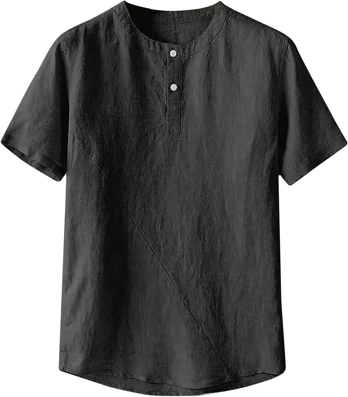 Mens Loose Cotton Linen T-Shirts Casual Solid Button Round Neck Henley Tops Summer Lightweight Short Sleeve Tees