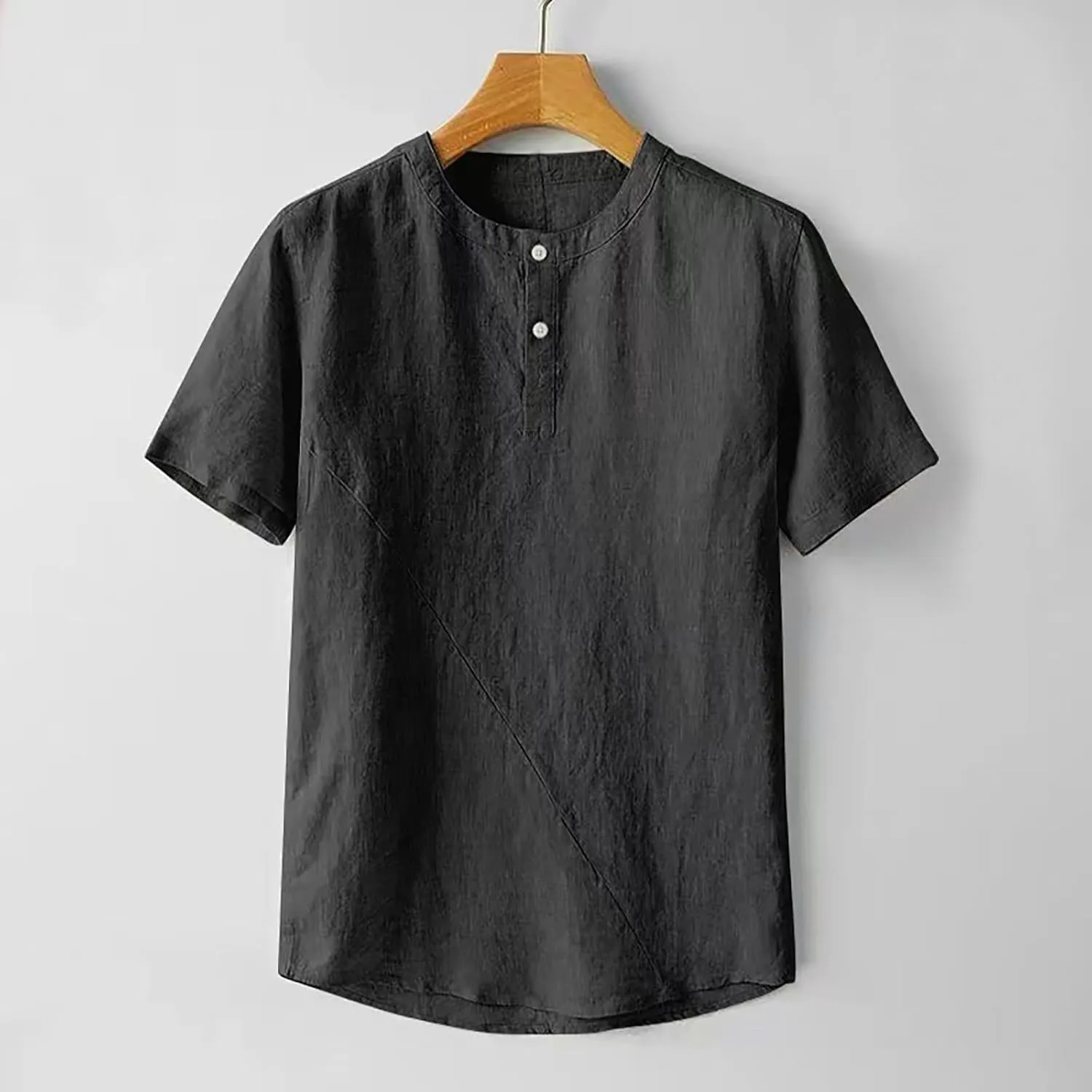 Mens Loose Cotton Linen T-Shirts Casual Solid Button Round Neck Henley Tops Summer Lightweight Short Sleeve Tees