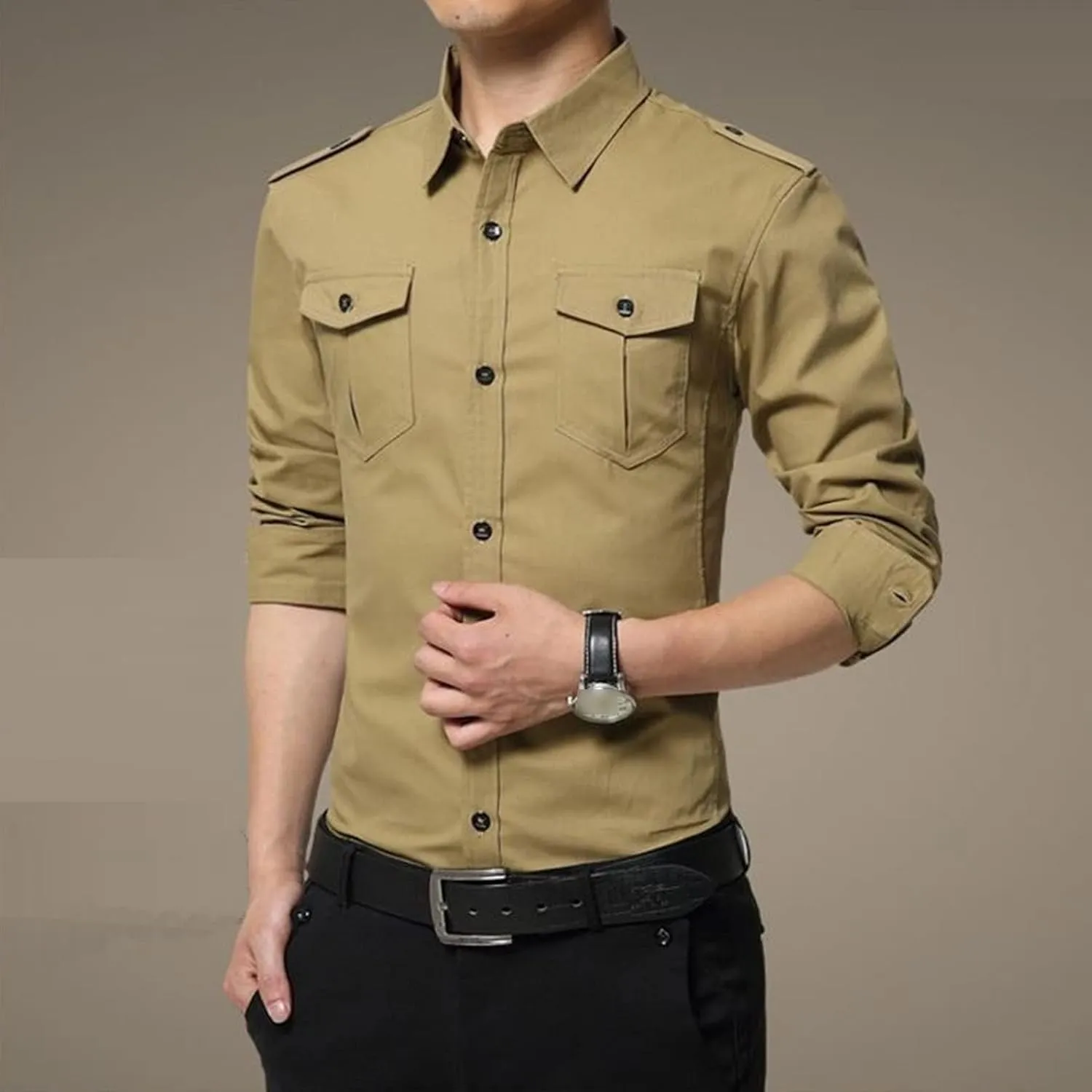 Men's Military Style Double Pocket Shirt Tactical Cargo Casual Slim Fit Shirt Work Shirt Hiking Fishing Shirts