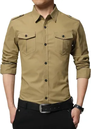 Men's Military Style Double Pocket Shirt Tactical Cargo Casual Slim Fit Shirt Work Shirt Hiking Fishing Shirts