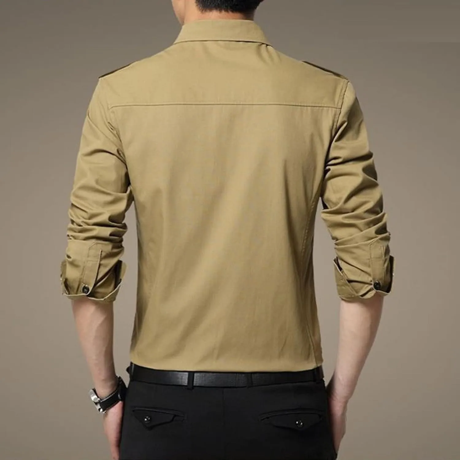 Men's Military Style Double Pocket Shirt Tactical Cargo Casual Slim Fit Shirt Work Shirt Hiking Fishing Shirts