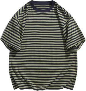 Men's Oversized Tops Classic Stripes Print Drop Shoulder Short Sleeve Tee Top Loose Casual Crewneck Pullover T Shirts