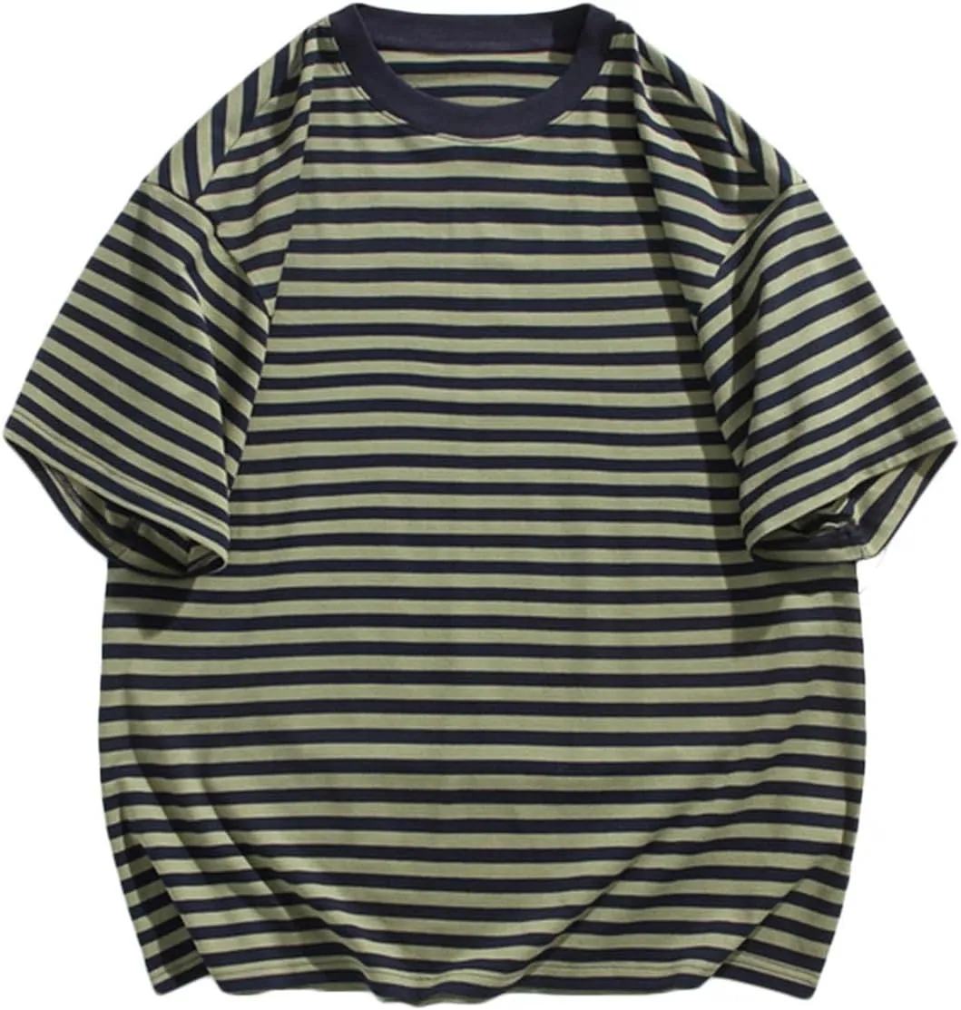 Men's Oversized Tops Classic Stripes Print Drop Shoulder Short Sleeve Tee Top Loose Casual Crewneck Pullover T Shirts