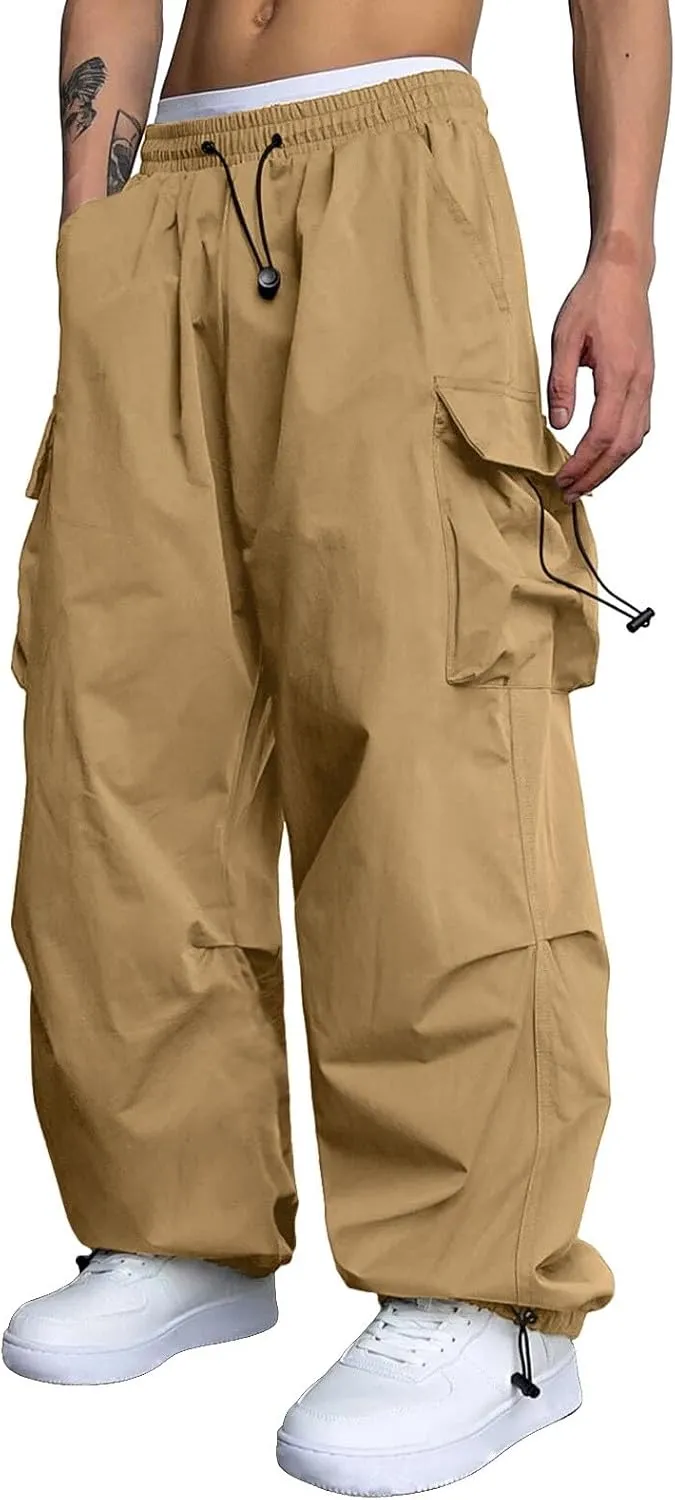 Mens Parachute Cargo Pants Casual Cotton Stretchy Drawstring Pant Outdoor Pants with Pockets