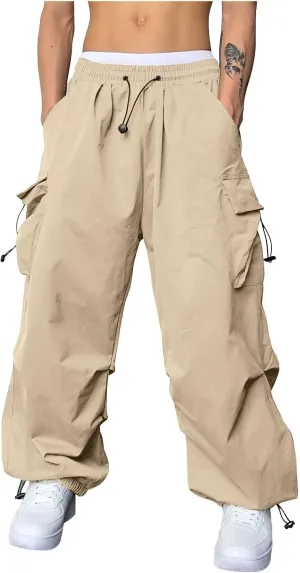 Mens Parachute Cargo Pants Casual Cotton Stretchy Drawstring Pant Outdoor Pants with Pockets