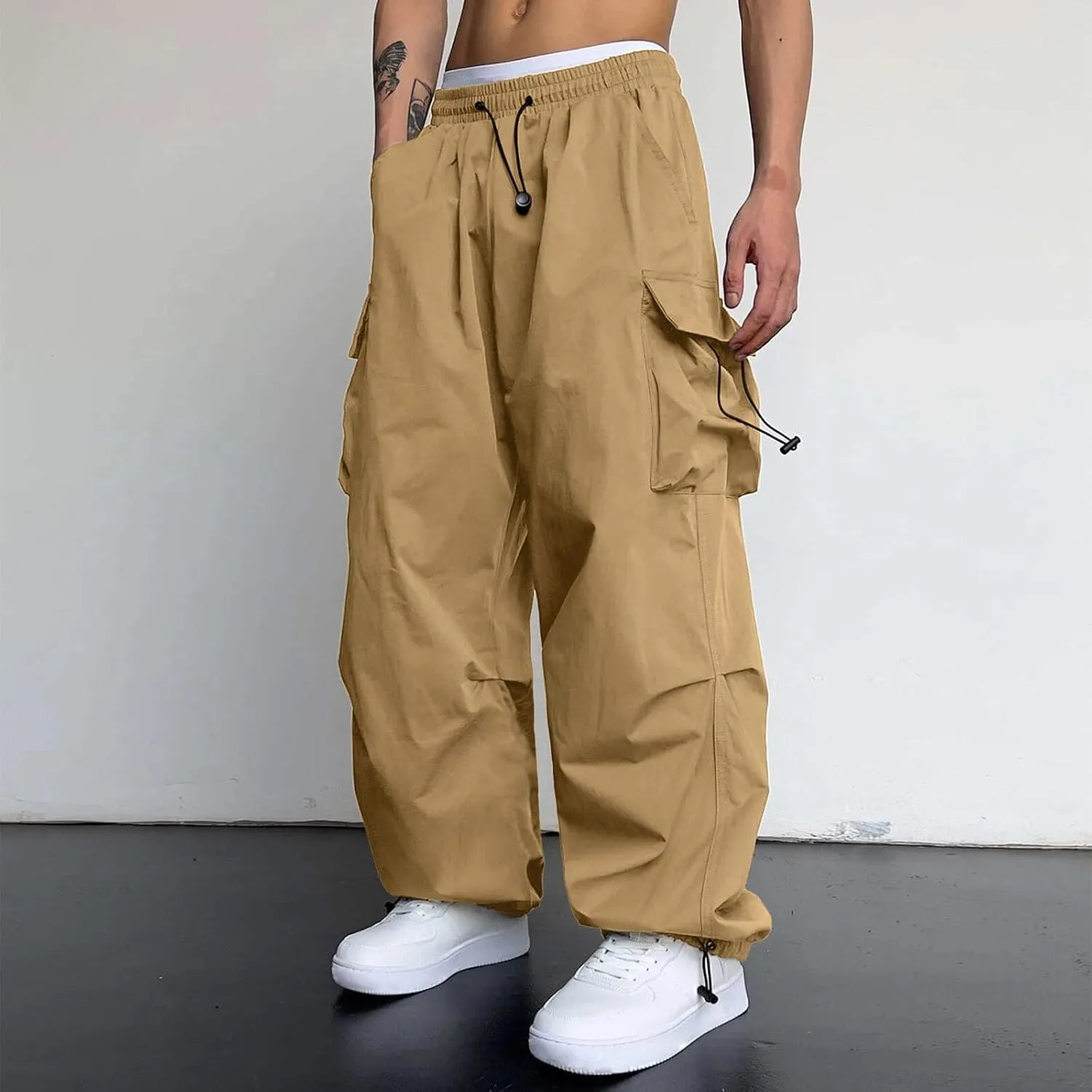 Mens Parachute Cargo Pants Casual Cotton Stretchy Drawstring Pant Outdoor Pants with Pockets