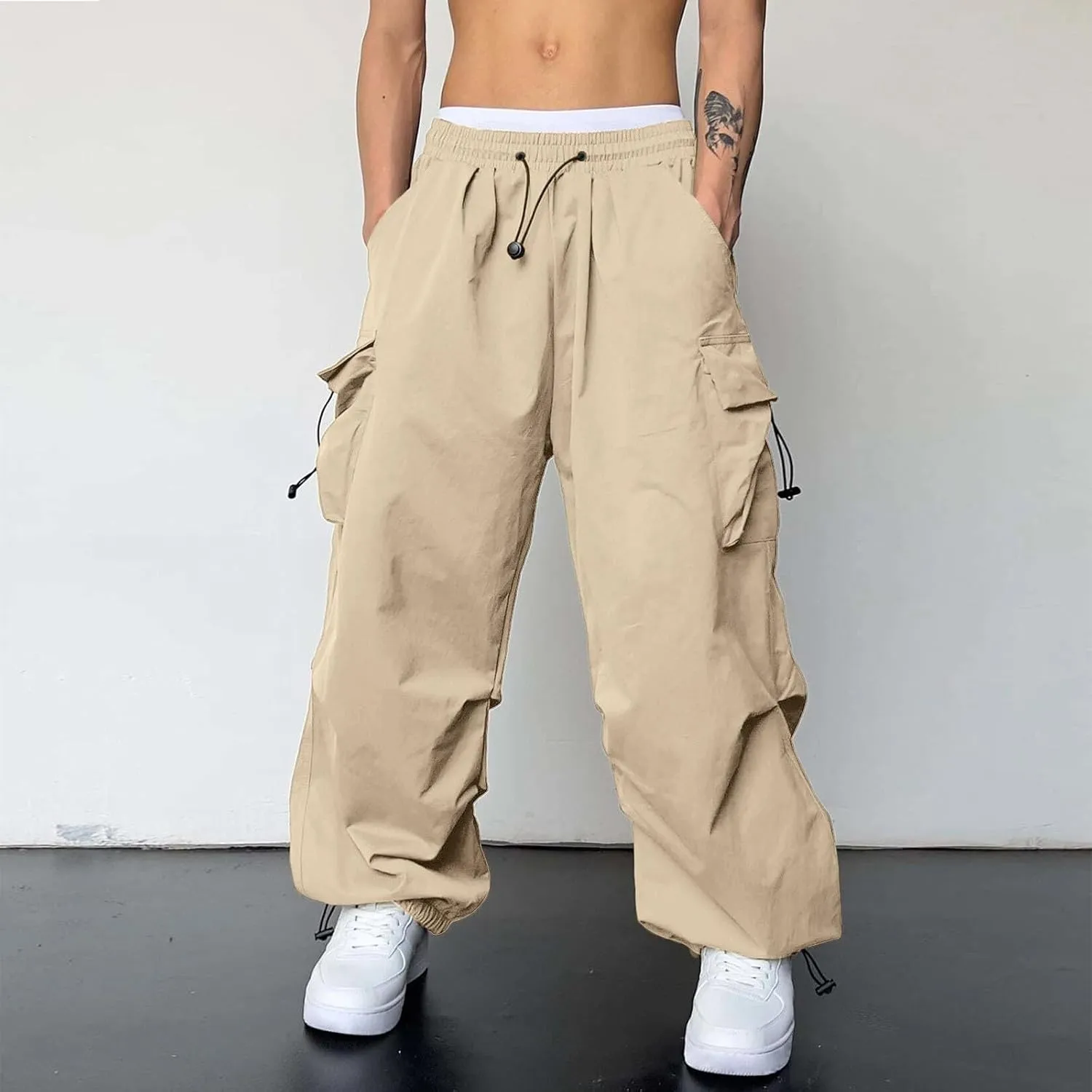 Mens Parachute Cargo Pants Casual Cotton Stretchy Drawstring Pant Outdoor Pants with Pockets