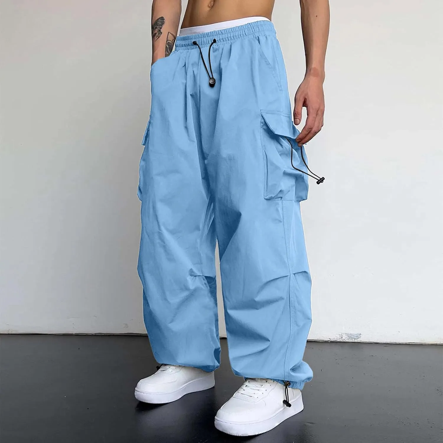 Mens Parachute Cargo Pants Casual Cotton Stretchy Drawstring Pant Outdoor Pants with Pockets