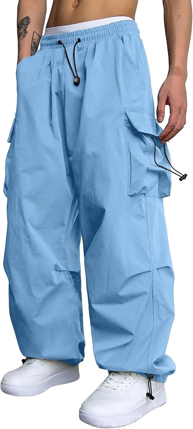 Mens Parachute Cargo Pants Casual Cotton Stretchy Drawstring Pant Outdoor Pants with Pockets