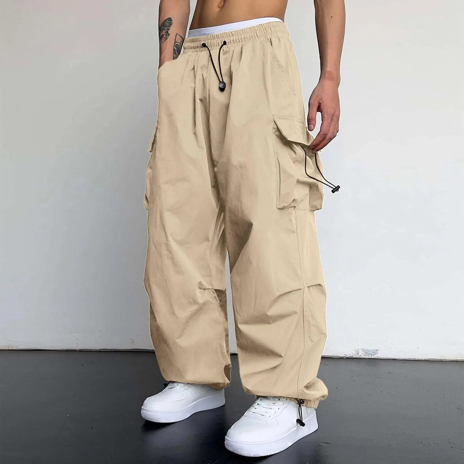 Mens Parachute Cargo Pants Casual Cotton Stretchy Drawstring Pant Outdoor Pants with Pockets
