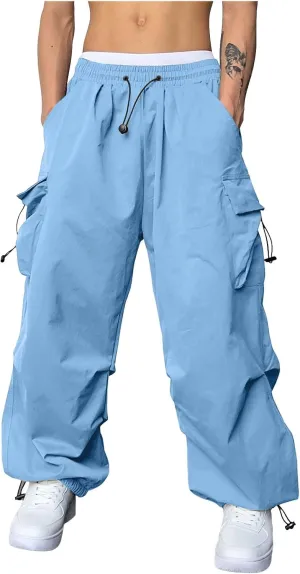 Mens Parachute Cargo Pants Casual Cotton Stretchy Drawstring Pant Outdoor Pants with Pockets