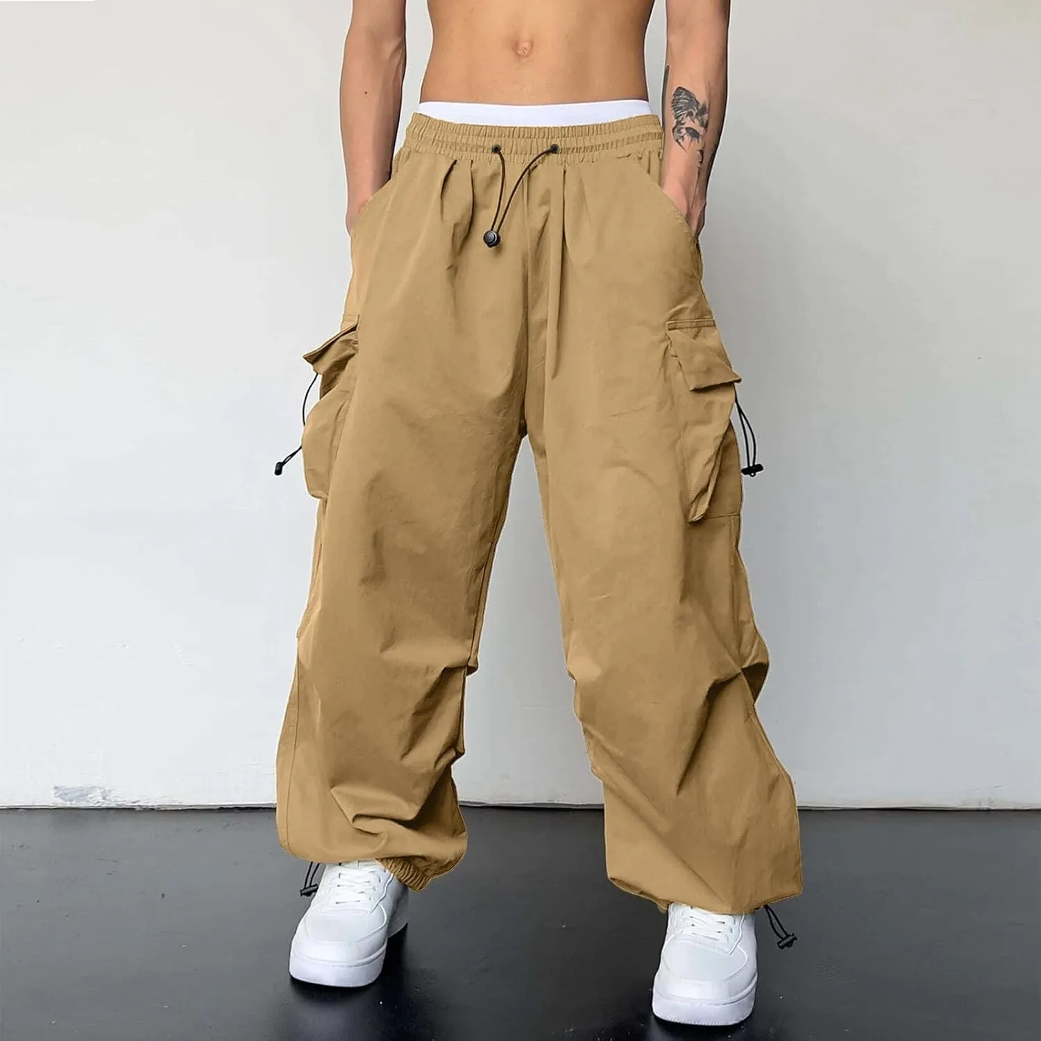 Mens Parachute Cargo Pants Casual Cotton Stretchy Drawstring Pant Outdoor Pants with Pockets