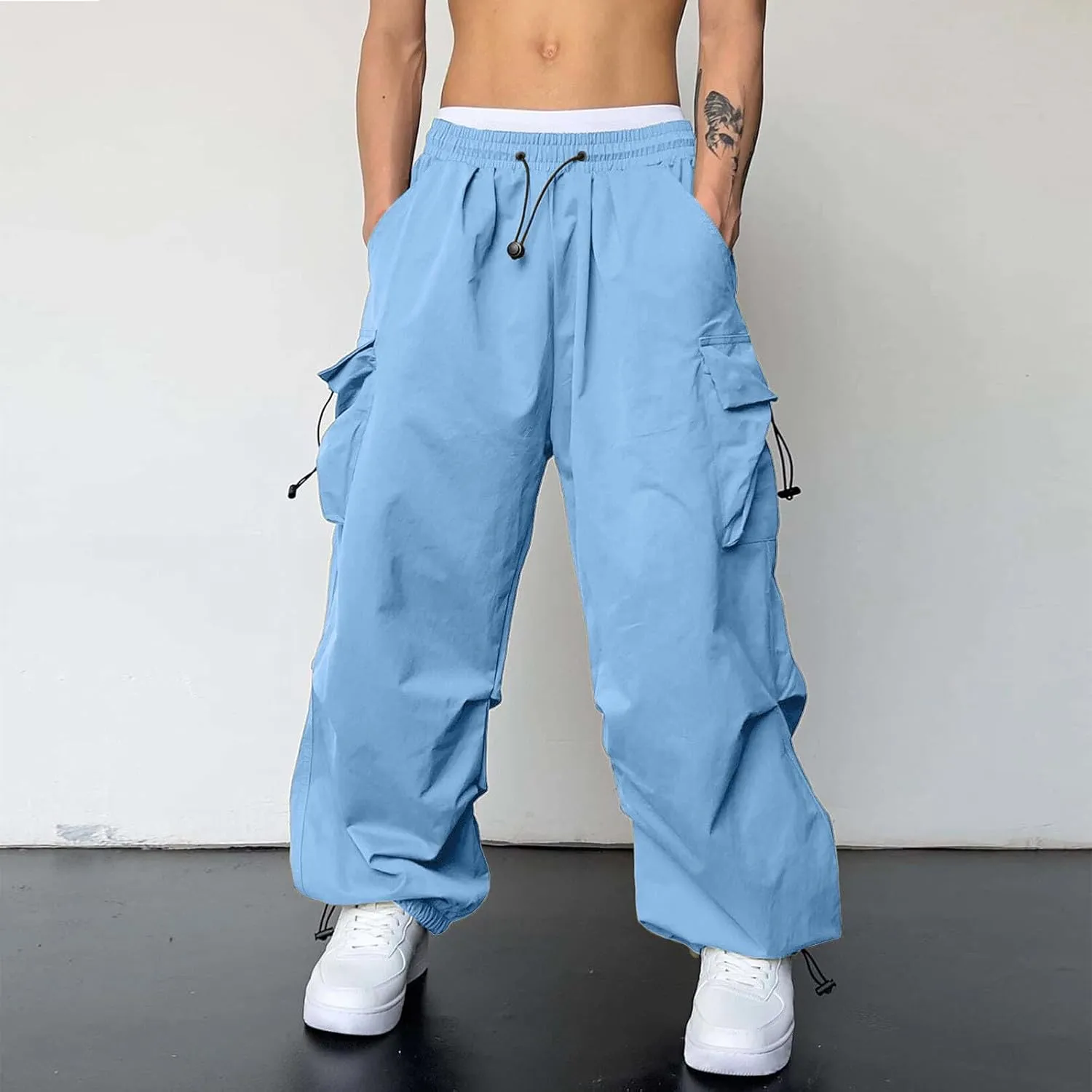 Mens Parachute Cargo Pants Casual Cotton Stretchy Drawstring Pant Outdoor Pants with Pockets
