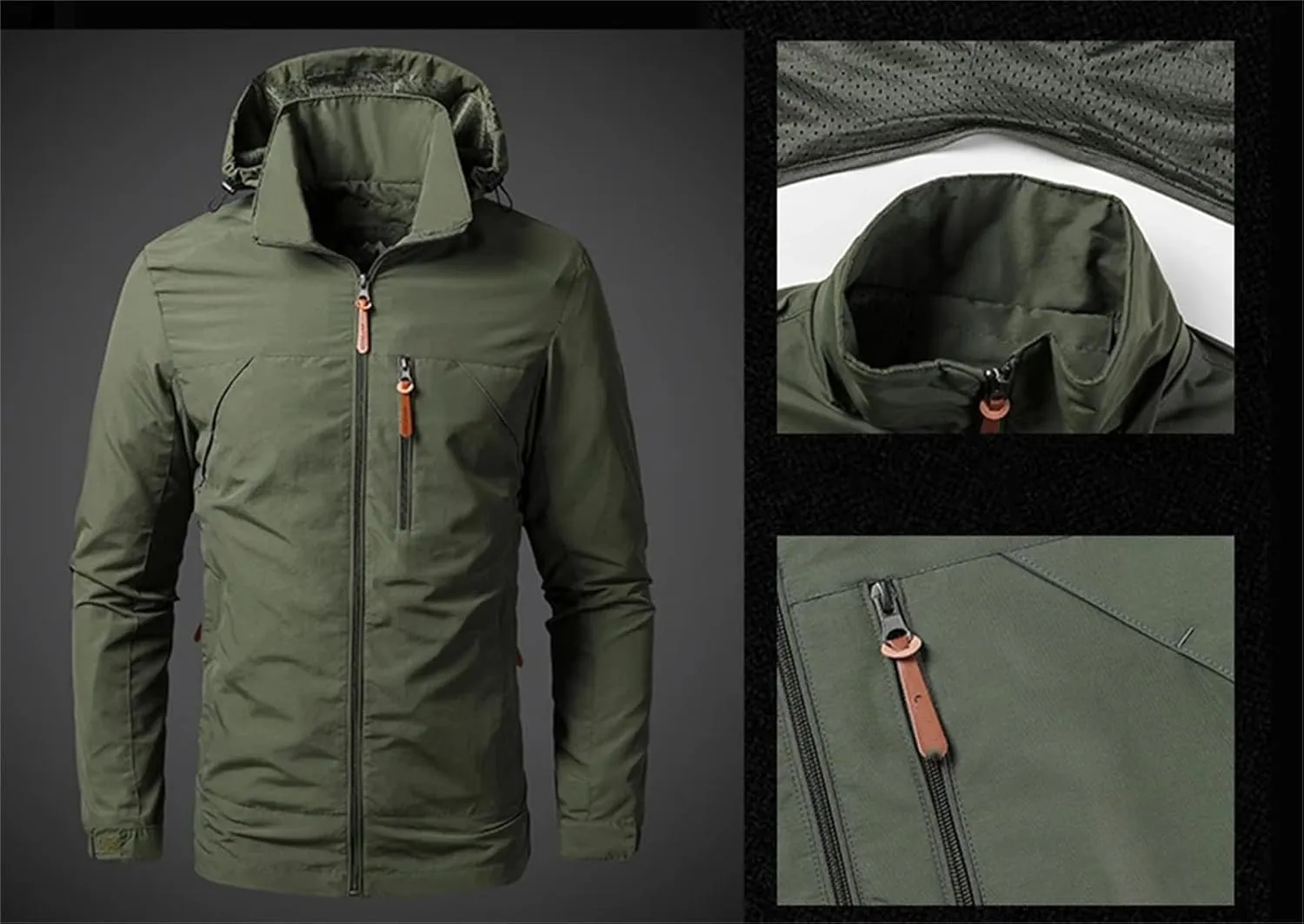 Mens Rain Jackets Zip Up Waterproof Windbreakers Loose Hooded Coats Fashion Lapel Casual Clothes with Pocket