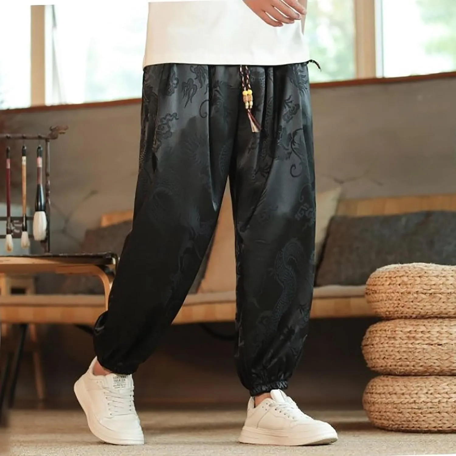Mens Satin Harem Jogger Pants Paisley Silk Lounge Pajama Bottoms Big and Tall Western Cowboy Beach Yoga Pants