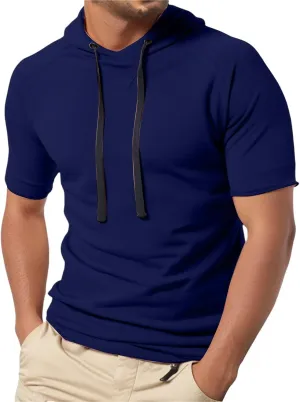 Mens Short Sleeve Muscle Hoodies Slim Fit Fitness Gym Workout Athletic Tee Pullover Casual Loose Fashion T-Shirts
