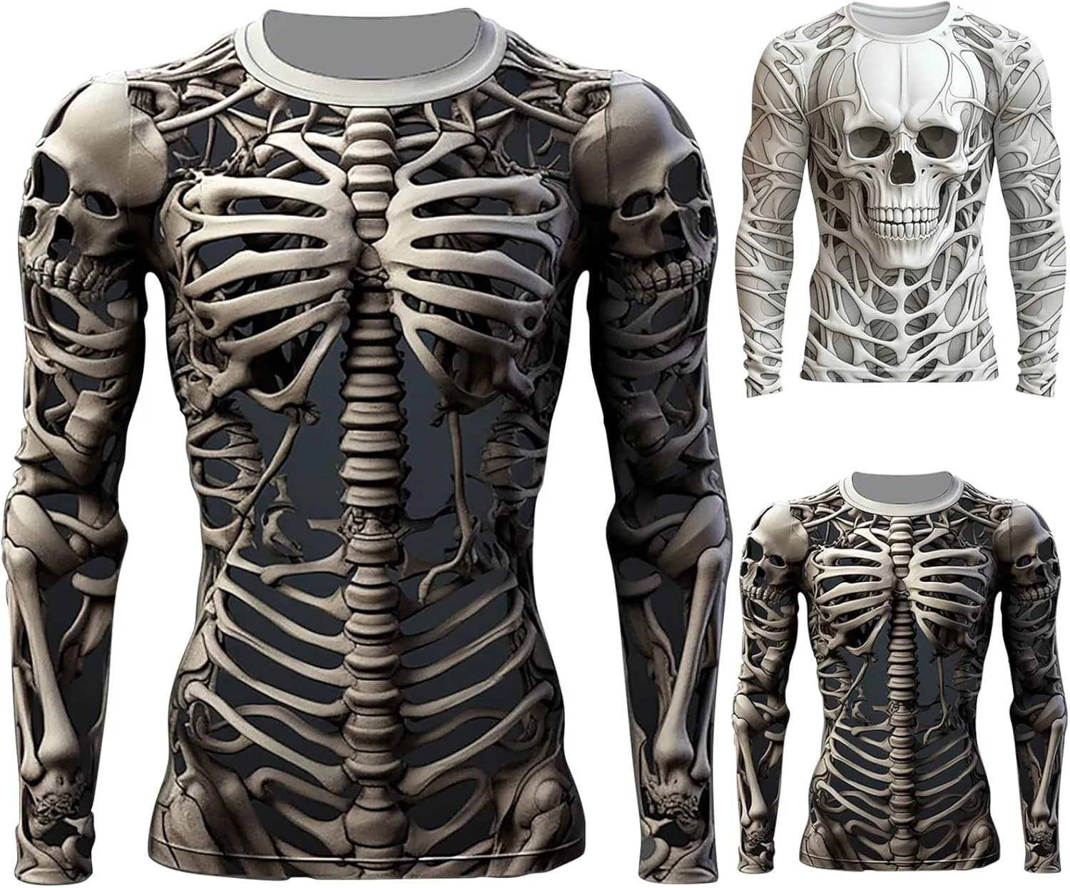 Mens Skeleton Shirt Long Sleeve Funny Skull Rib Cage 3D Print T Shirts Trendy Crew Neck Tshirt Holiday Party Outfits