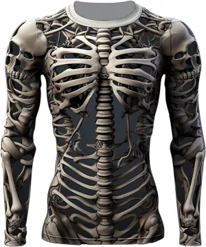 Mens Skeleton Shirt Long Sleeve Funny Skull Rib Cage 3D Print T Shirts Trendy Crew Neck Tshirt Holiday Party Outfits