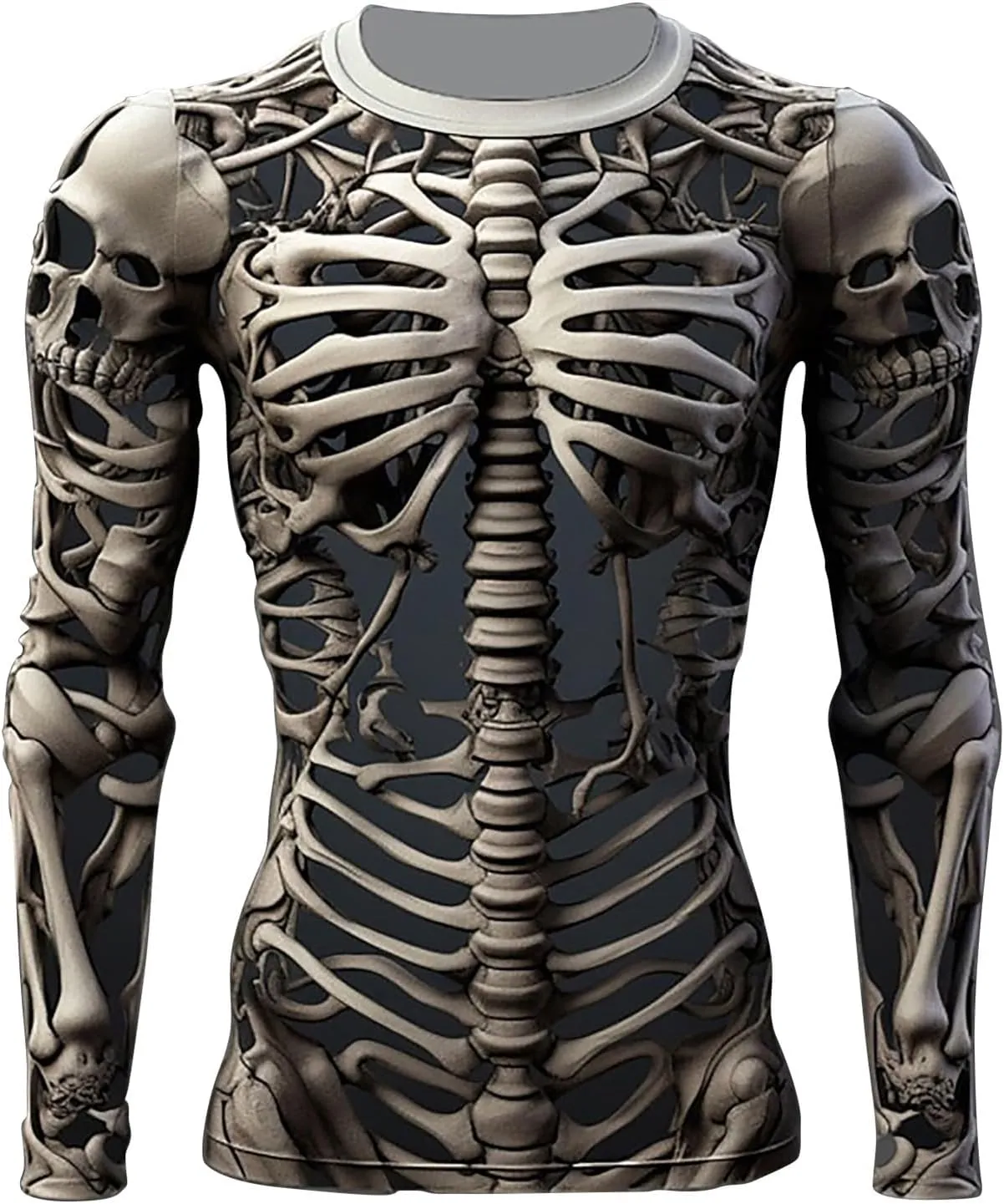 Mens Skeleton Shirt Long Sleeve Funny Skull Rib Cage 3D Print T Shirts Trendy Crew Neck Tshirt Holiday Party Outfits