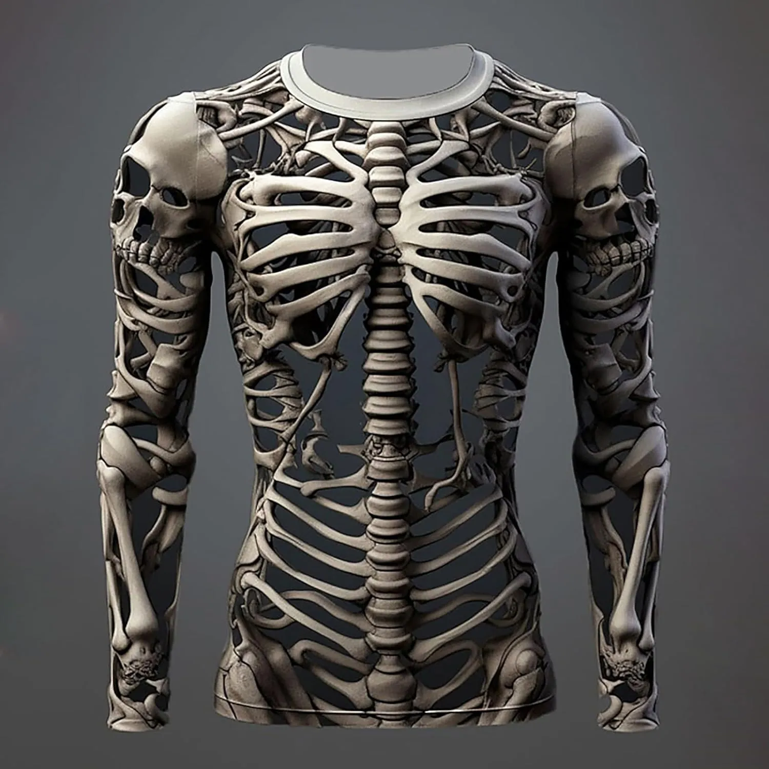 Mens Skeleton Shirt Long Sleeve Funny Skull Rib Cage 3D Print T Shirts Trendy Crew Neck Tshirt Holiday Party Outfits