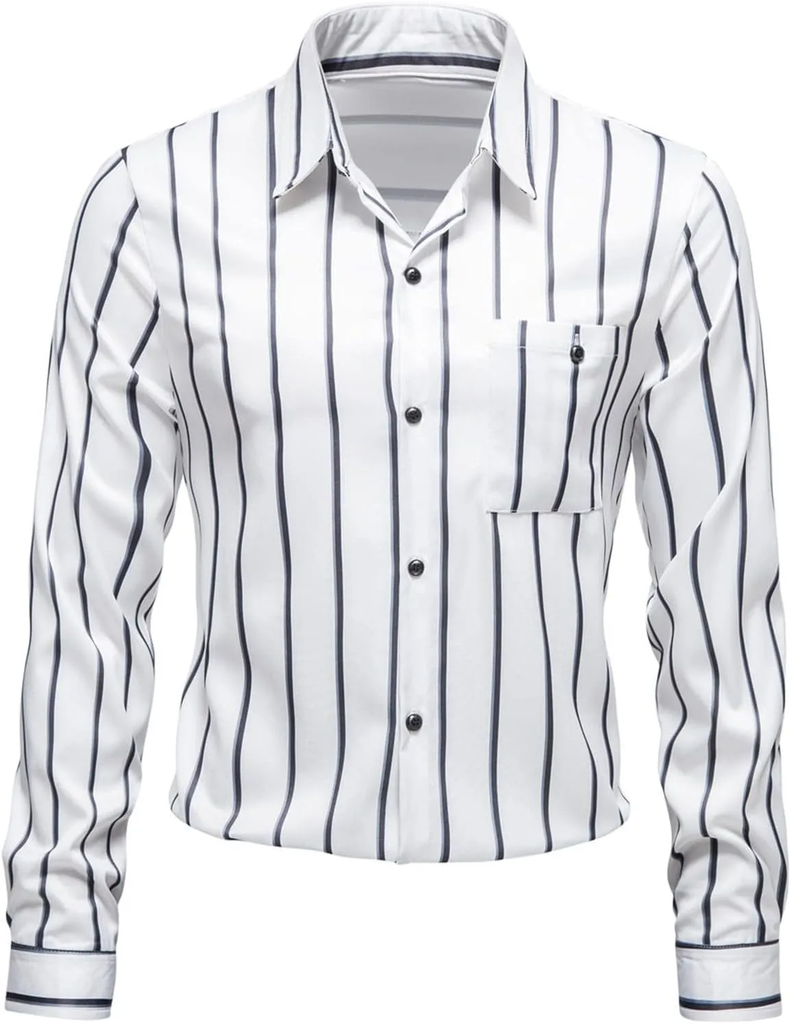 Mens Slim Fit Dress Shirt Fashion Designer Long Sleeve Casual Button-Down Shirts Stylish Striped Wrinkle-Resistant Tops White