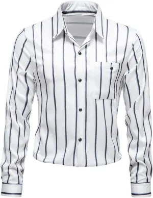 Mens Slim Fit Dress Shirt Fashion Designer Long Sleeve Casual Button-Down Shirts Stylish Striped Wrinkle-Resistant Tops White