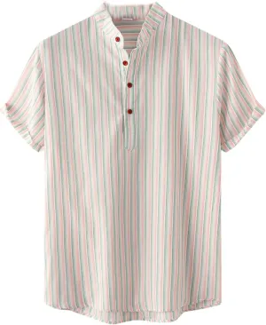 Mens T Shirts Cotton Blend Short Sleeve Striped Button Down Shirt Summer Casual Stylish Beach Hawaiian Tops