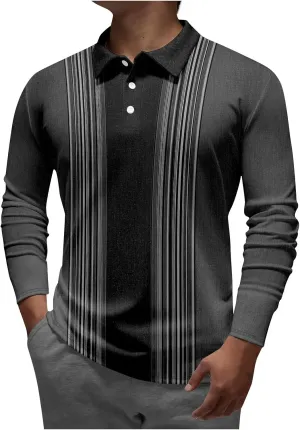 Mens T-Shirts Graphic Tees Lapel Long Sleeve Printed Casual Top Loose Sports Lapel Shirt
