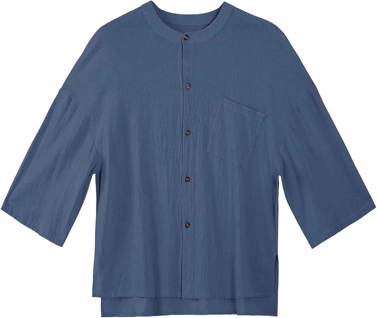 Men's Three Quarters Sleeve Shirt Solid Color Crew Neck Button Down Linen Cotton Top Pocket Breathable Summer Resort Tee