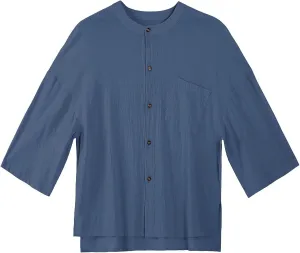 Men's Three Quarters Sleeve Shirt Solid Color Crew Neck Button Down Linen Cotton Top Pocket Breathable Summer Resort Tee