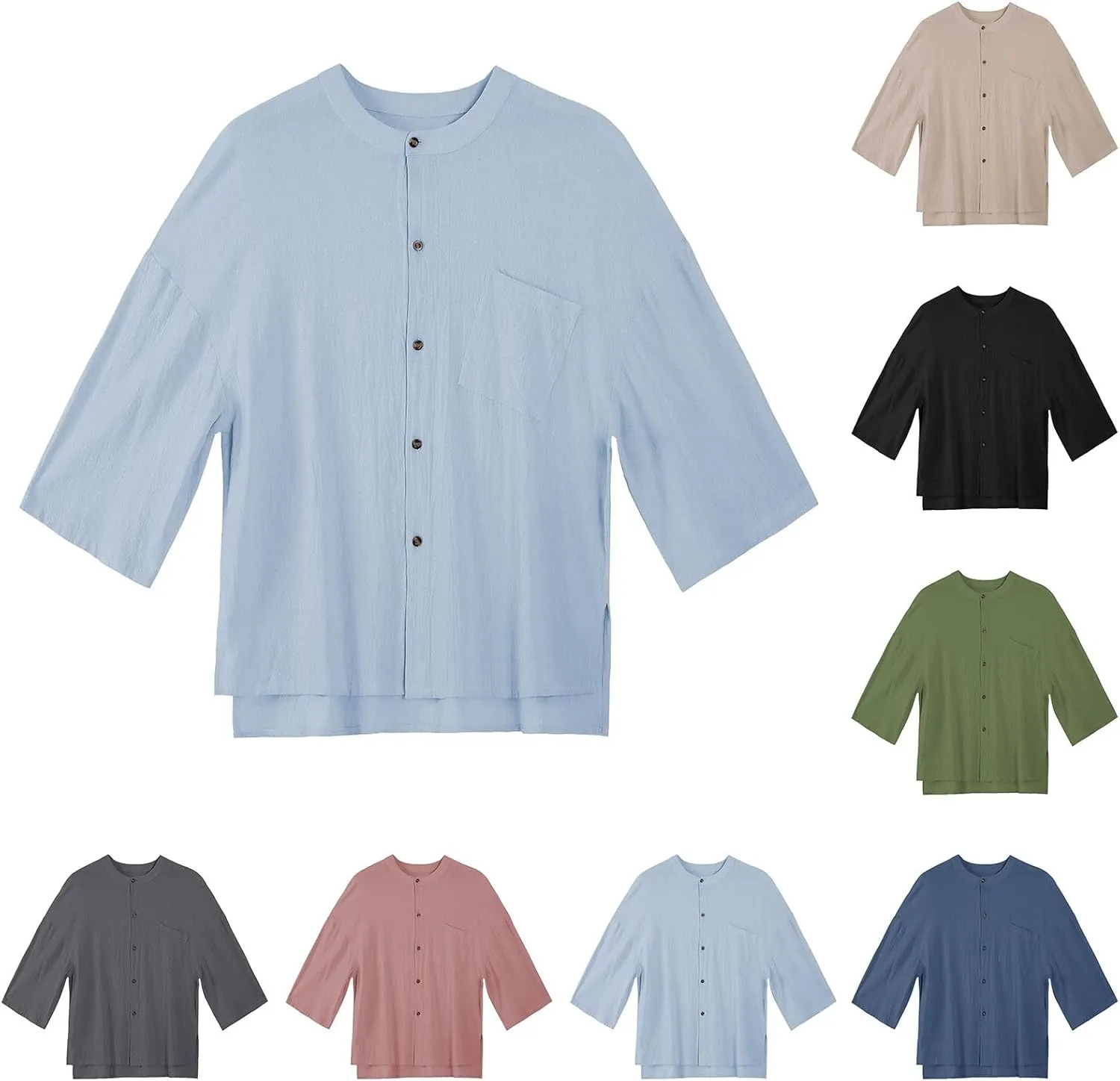Men's Three Quarters Sleeve Shirt Solid Color Crew Neck Button Down Linen Cotton Top Pocket Breathable Summer Resort Tee