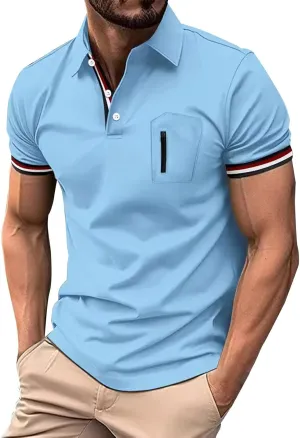 Men's Urban Polo Shirt Short Sleeve Zip Pocket Stand Collar Quick Dry Athletic Top Stylish Casual Summer Streetwear Tee