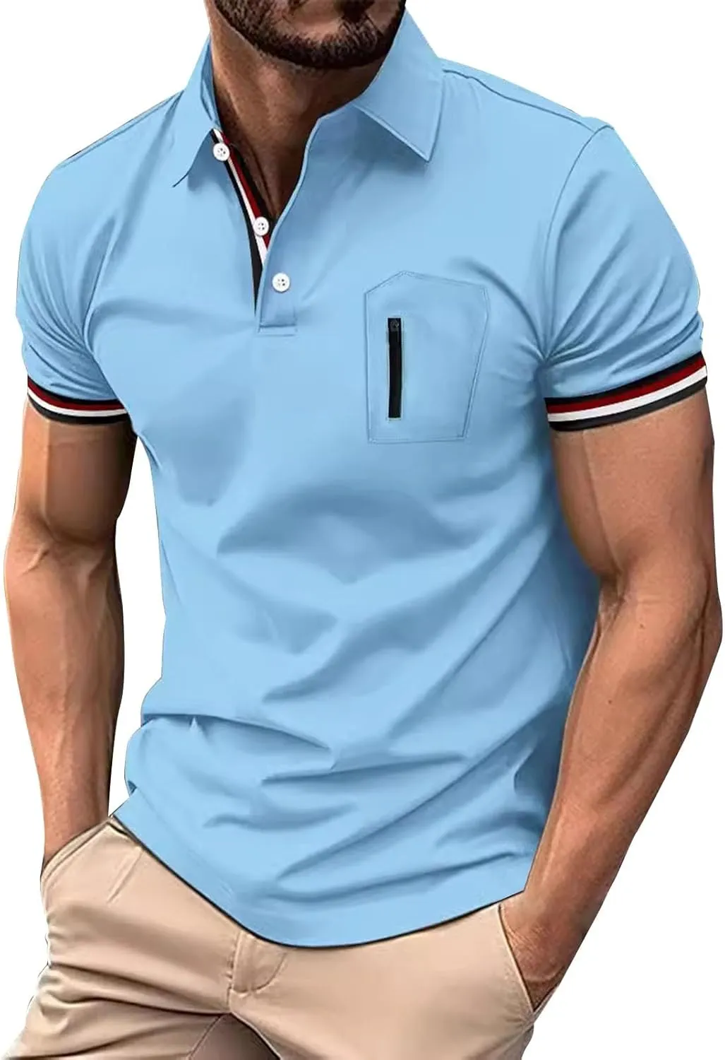 Men's Urban Polo Shirt Short Sleeve Zip Pocket Stand Collar Quick Dry Athletic Top Stylish Casual Summer Streetwear Tee