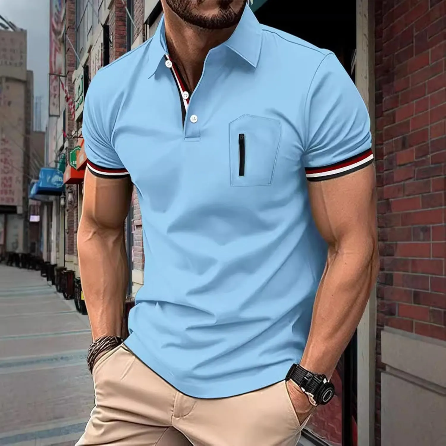 Men's Urban Polo Shirt Short Sleeve Zip Pocket Stand Collar Quick Dry Athletic Top Stylish Casual Summer Streetwear Tee