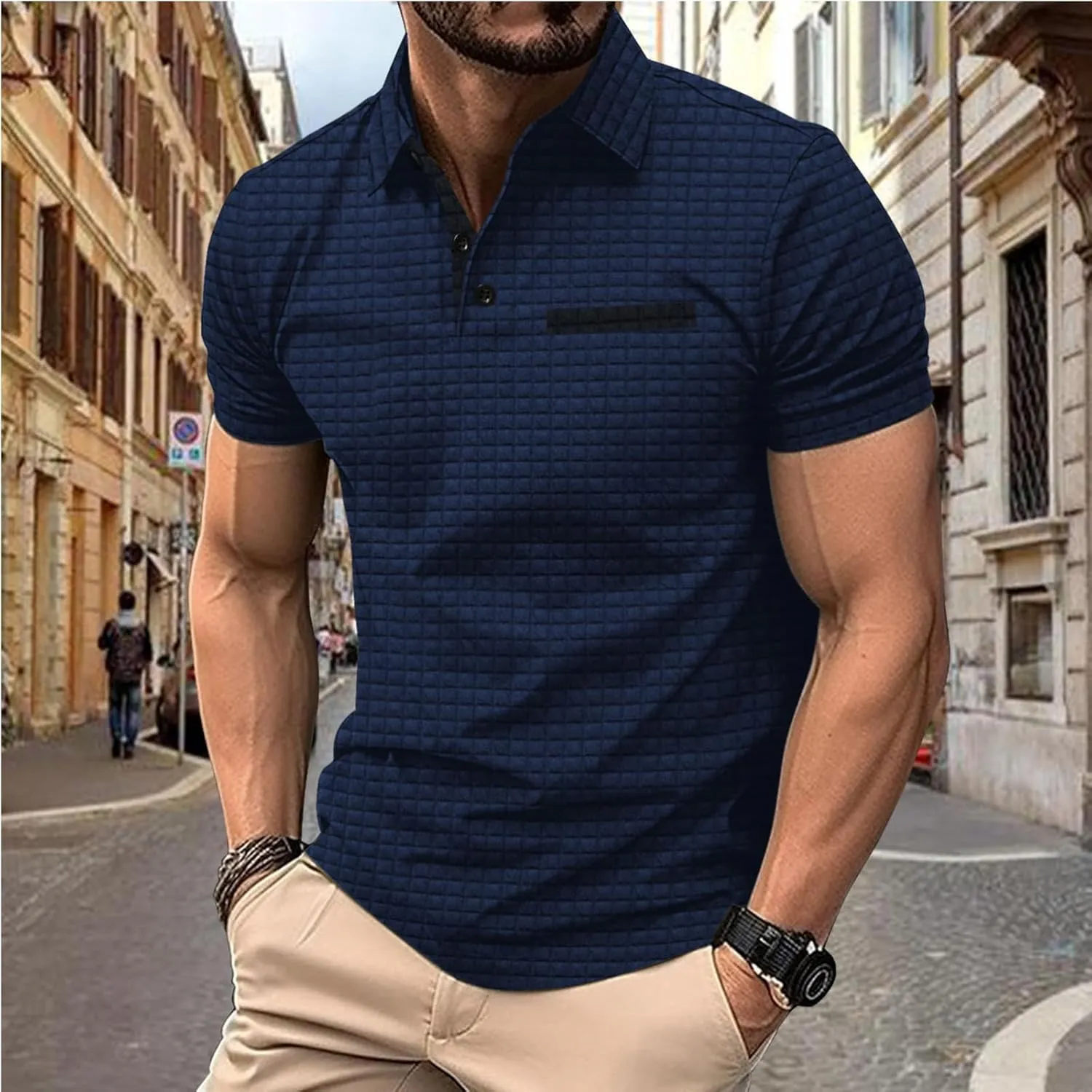 Men's Waffle Plaid Polo Shirts Short Sleeve Casual Summer Shirts Fashion Collar Golf Shirt Muscle Workout T-Shirt