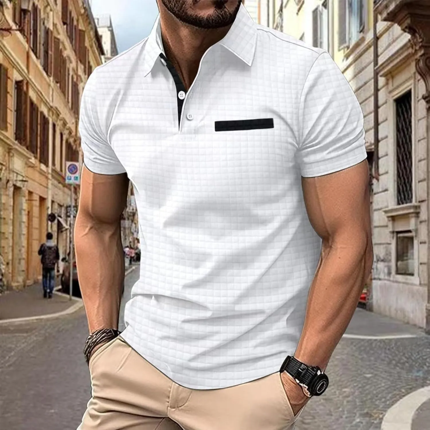 Men's Waffle Plaid Polo Shirts Short Sleeve Casual Summer Shirts Fashion Collar Golf Shirt Muscle Workout T-Shirt