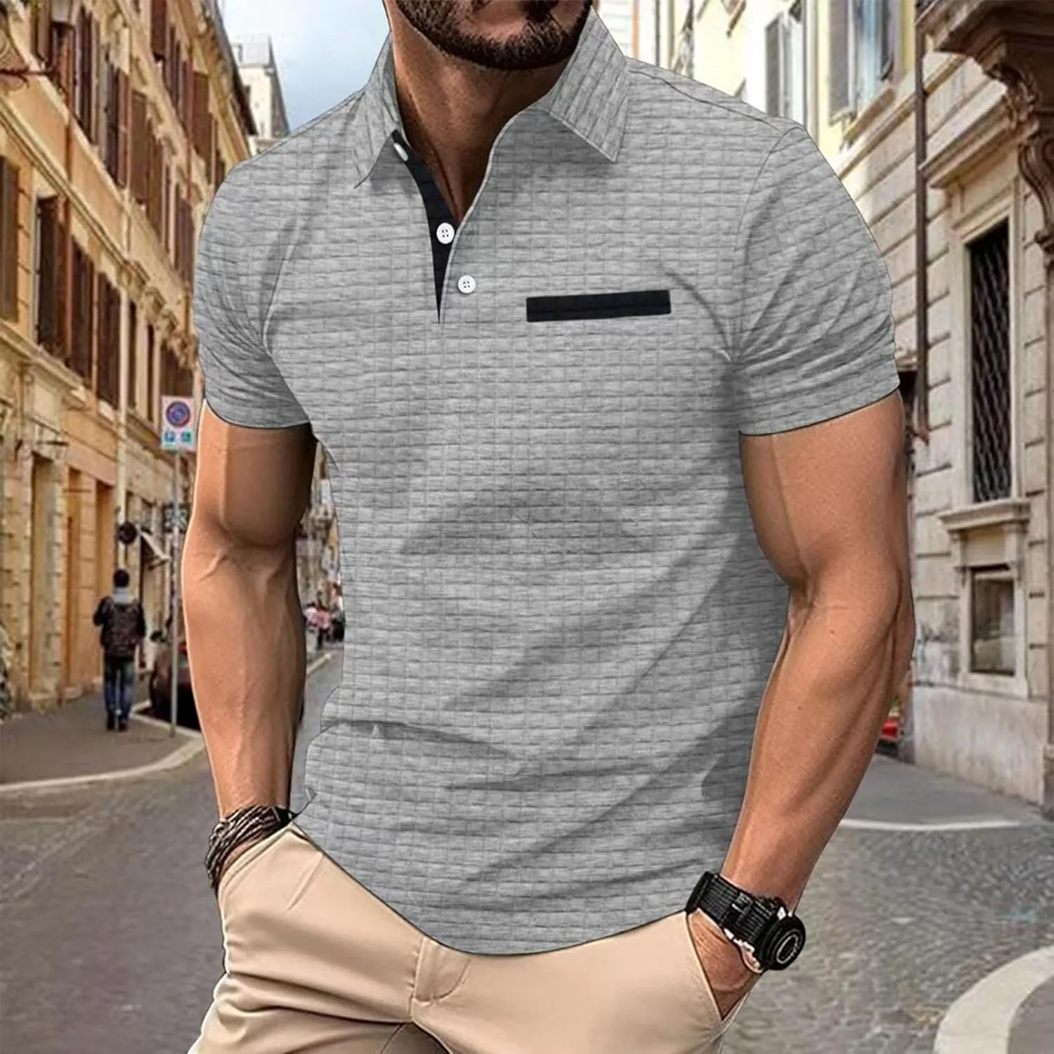 Men's Waffle Plaid Polo Shirts Short Sleeve Casual Summer Shirts Fashion Collar Golf Shirt Muscle Workout T-Shirt