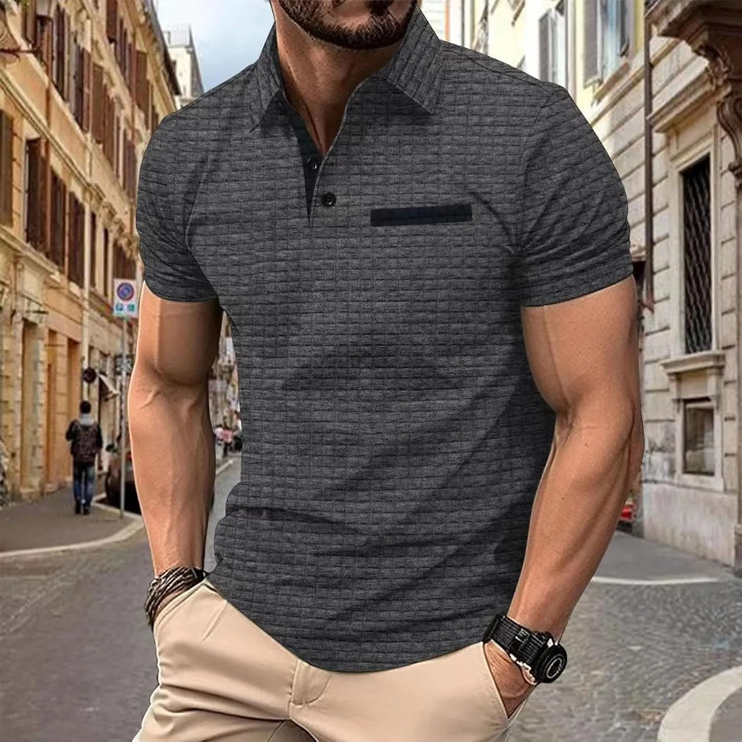 Men's Waffle Plaid Polo Shirts Short Sleeve Casual Summer Shirts Fashion Collar Golf Shirt Muscle Workout T-Shirt